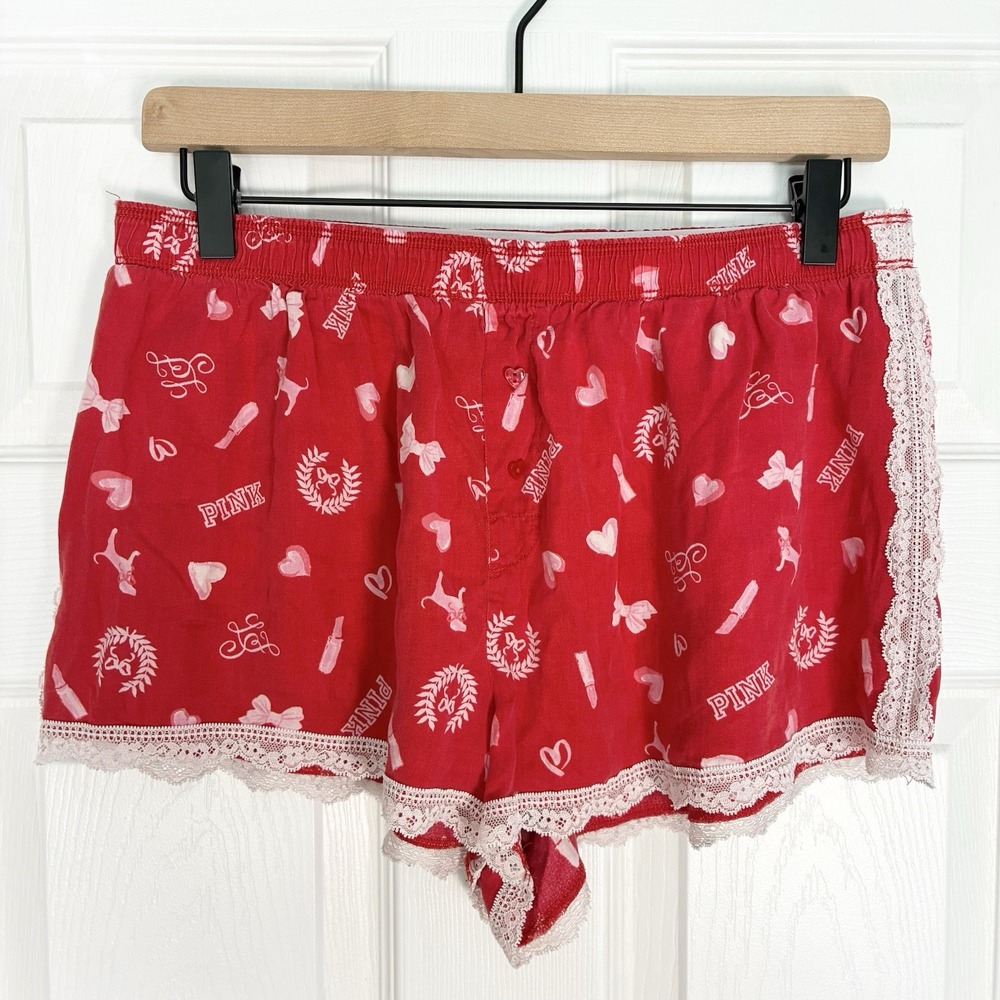 Victoria's Secret PINK LoveShackFancy Boxer Pajama Sleep Red Lace Shorts Medium